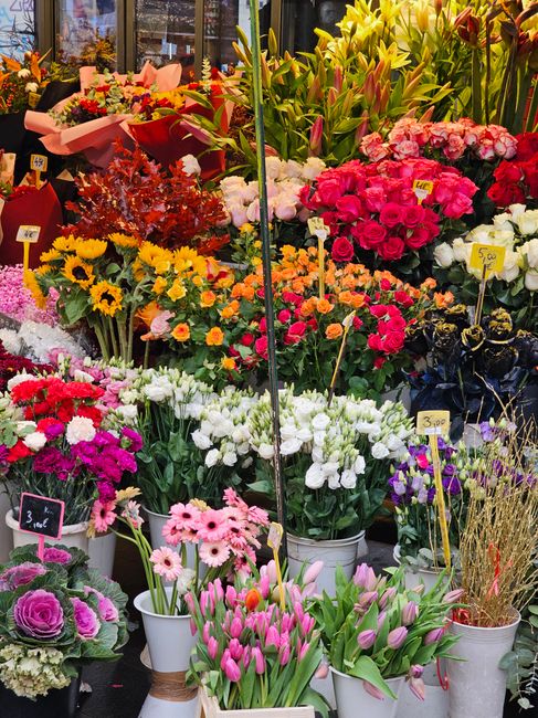 A vibrant display of fresh flowers at a flower shop, including pink tulips, white and pink carnations, purple lisianthus, yellow sunflowers, and various mixed bouquets. The flowers are arranged in whi