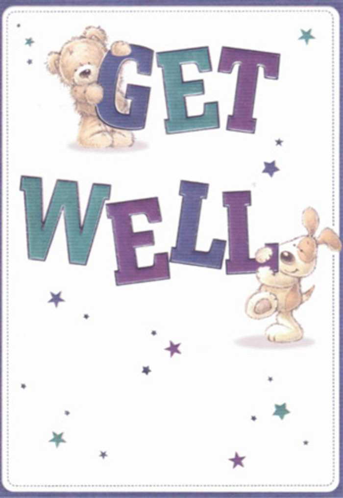 Evoking a spirit of light-hearted encouragement, this vibrant get well card comes alive with a winsome bear and a spirited puppy surrounded by twinkling stars. Their soft, expressive features are drawn with an artistry that makes you imagine running your hands over velvety fur and gentle ears, as comforting as a fragrant bouquet hand-delivered in Garston. Bold, cheerful letters in lustrous purples and teals anchor the scene, spelling 'Get Well' with the confidence of a seasoned florist selecting each bloom. The overall effect is of childlike optimism and caring, akin to the support felt among neighbours near Garston Community Centre or along Coates Way. The luminous white background and joyful splashes of colour infuse the image with lightness and clarity, soothing to eyes and spirit alike. This card, brimming with hope and kindness, would pair beautifully with a bouquet from a Garston flower shop-a heartfelt reminder that thoughtful gestures can make all the difference during recovery.